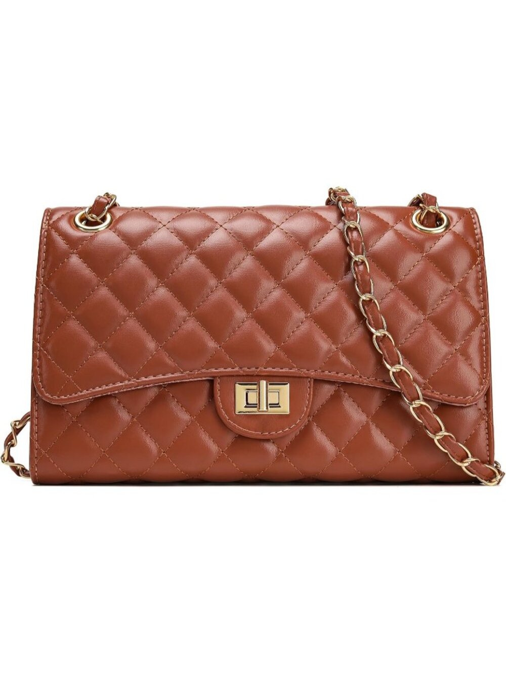 Women's Caramel Brown Quilted Pu Leather Chain Strap Crossbody Shoulder Bag